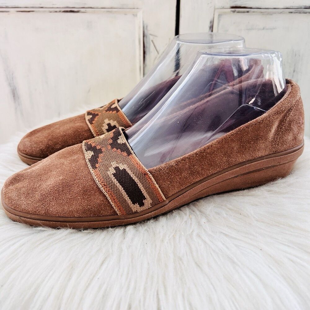 Grasshoppers Aztec Wedge Brown Suede Leather Boho Loafers Shoes Size 9.5